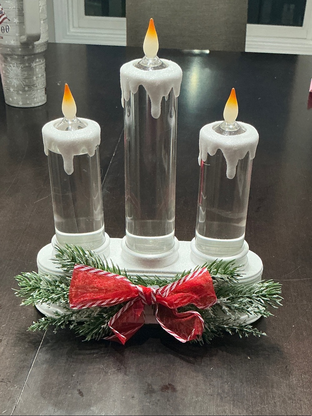 LED Triple Pillar Holiday Candle Centerpiece - White with Red Bow